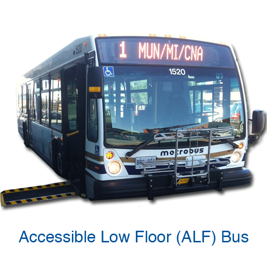 Picture of Accessible Low Floor Bus with boarding ramp deployed.