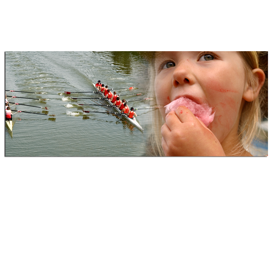 Young girl eating cotton candy superimposed over a rowing race.